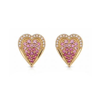 Pink Sapphire and Diamond Heart Stud Earrings in 9K Yellow Gold