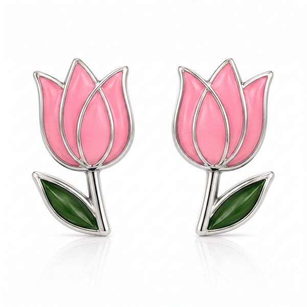 Pink and Green Enamel Tulip Stud Earrings in 925 Sterling Silver