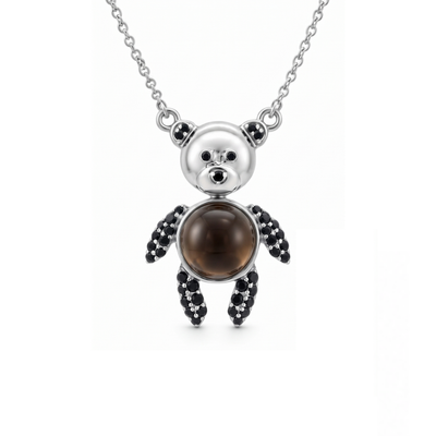 Smoky Quartz & Black Spinel Bear Necklace in 925 Sterling Silver