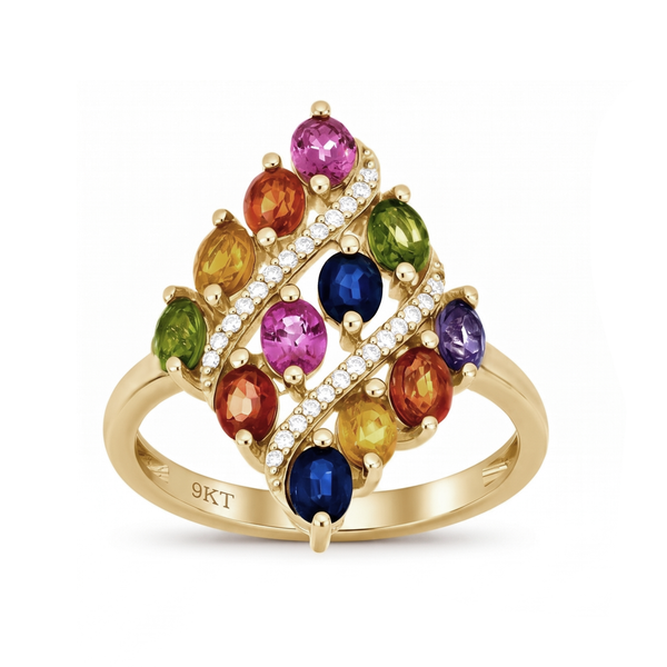 Multi-Sapphire and Diamond Swirl Statement Ring in 9K Gold Yellow Gold