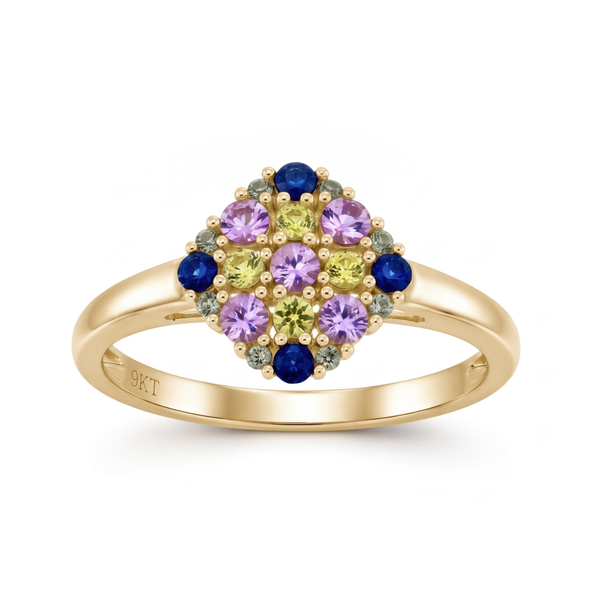 Multi-Sapphire Geometric Cluster Ring in 9K Gold Yellow Gold