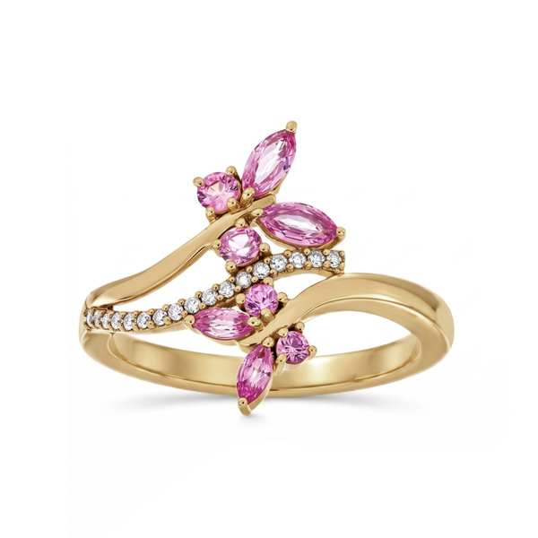 Pink Sapphire and Diamond Bypass Ring in 9K Yellow Gold Yellow Gold
