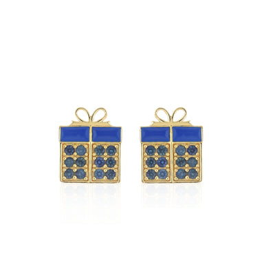 Blue Sapphire & Enamel Gift Box Stud Earrings in 925 Sterling Silver