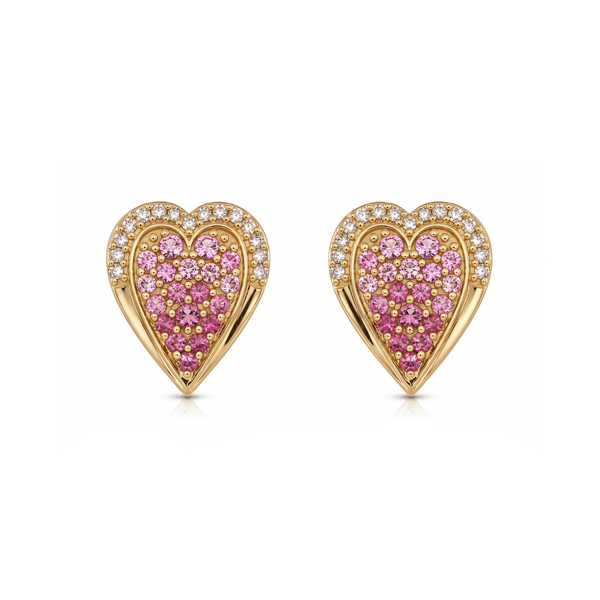 Pink Sapphire and Diamond Heart Stud Earrings in 9K Yellow Gold