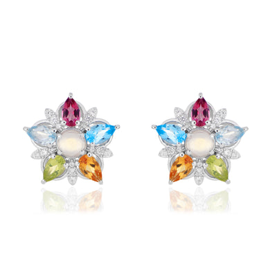 Multi-Gemstone Floral Cluster Stud Earrings in 925 Sterling Silver
