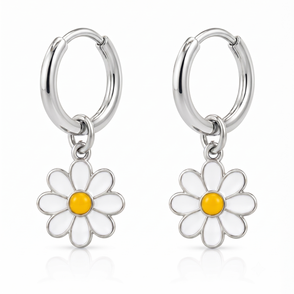 White and Yellow Enamel Daisy Hoop Earrings in 925 Sterling Silver