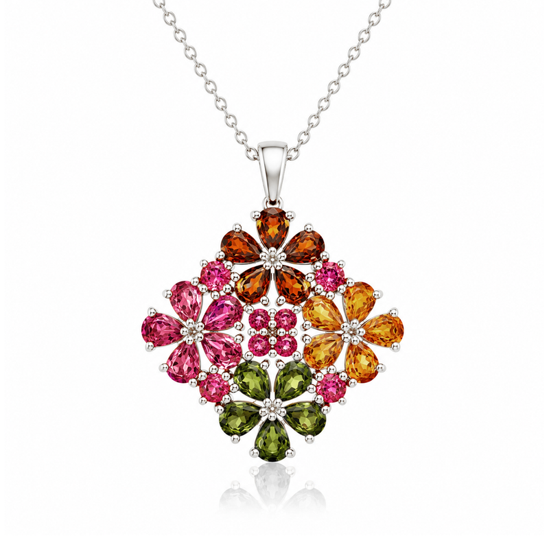 Multi-Tourmaline Floral Cluster Pendant in 9K Yellow Gold White Gold