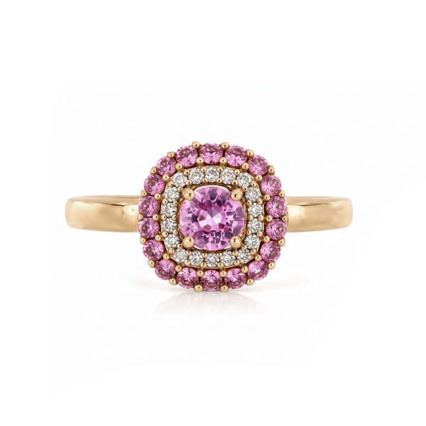 Pink Sapphire and Diamond Double Halo Ring in 9K Yellow Gold Yellow Gold