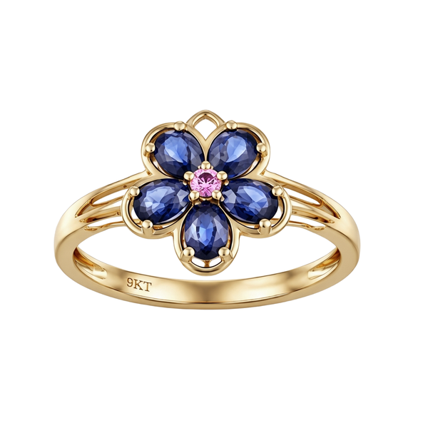 Blue and Pink Sapphire Floral Ring in 9K Yellow Gold Yellow Gold