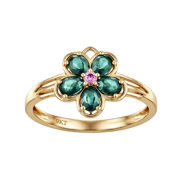 Green and Pink Sapphire Floral Ring in 9K Yellow Gold Yellow Gold